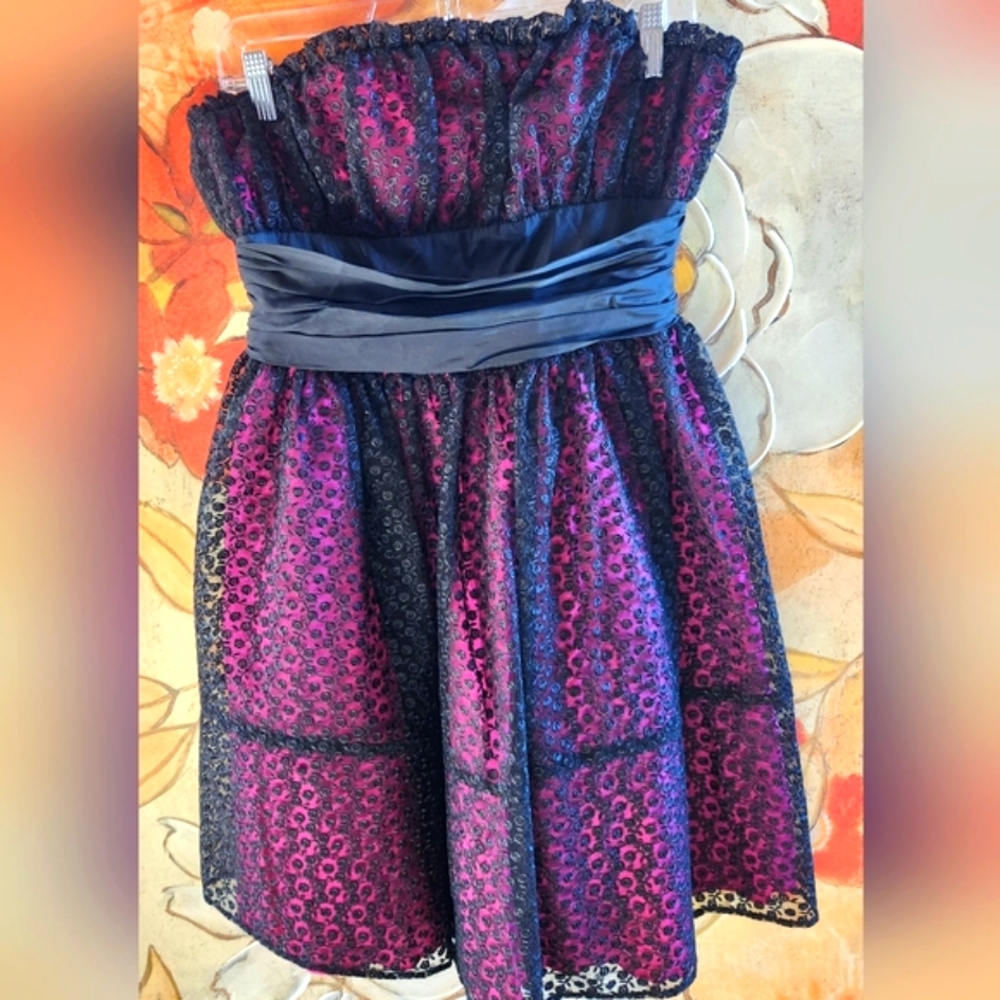 BETSEY JOHNSON Y2k Strapless Black Lace Hot Pink Satin Slip Zip Mini Dress